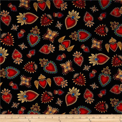 Tela de Algodón Sagrado Corazón Fondo Negro