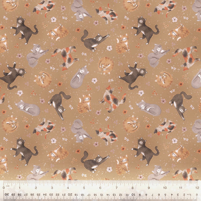 Tela de Algodón Pétalos y Gatos Caqui