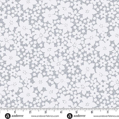 PREVENTA: Tela de Algodón Flores de Encaje Plata - PRECIO POR ROLLO COMPLETO