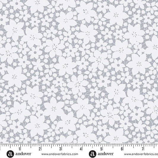 PREVENTA: Tela de Algodón Flores de Encaje Plata - PRECIO POR ROLLO COMPLETO