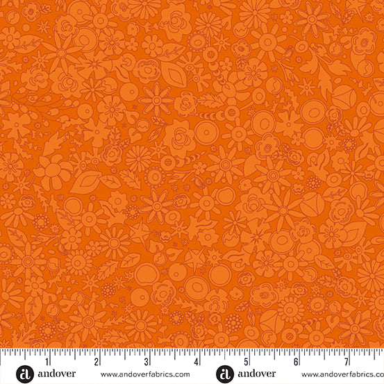 Tela de Algodón Monocromático Floral Naranja