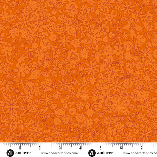 Tela de Algodón Monocromático Floral Naranja