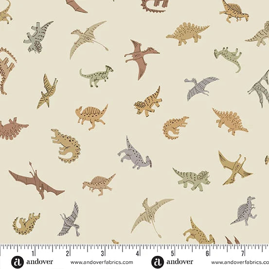 PREVENTA: Tela de Algodón Amigos Prehistóricos Fondo Crema  - PRECIO POR ROLLO COMPLETO