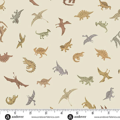 PREVENTA: Tela de Algodón Amigos Prehistóricos Fondo Crema  - PRECIO POR ROLLO COMPLETO