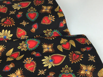 Tela de Algodón Sagrado Corazón Fondo Negro