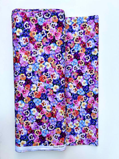 Tela de Algodón Primaveral Flor de Pensamiento Multicolor