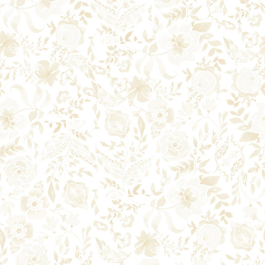 Tela de Algodón Flores Beige sobre Blanco