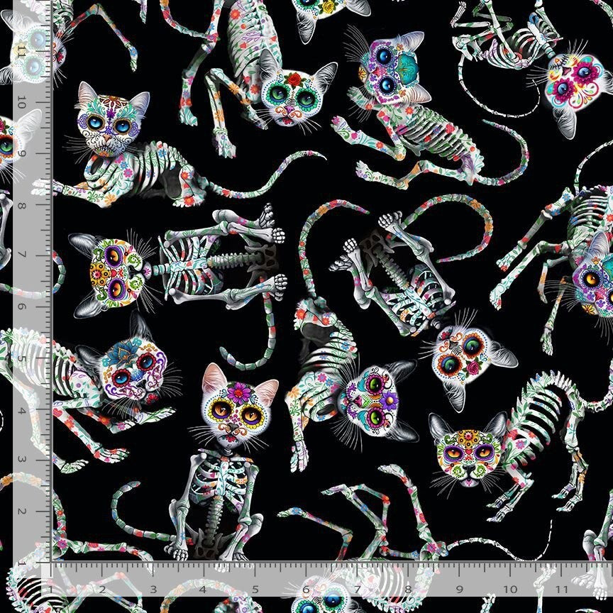 Tela de Algodón Esqueleto Gatos en Negro