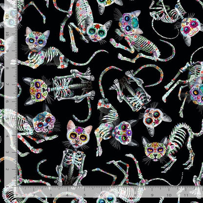 Tela de Algodón Esqueleto Gatos en Negro
