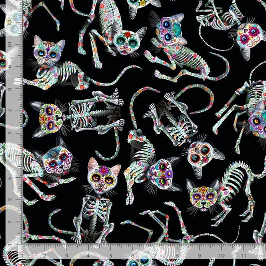 Tela de Algodón Esqueleto Gatos en Negro