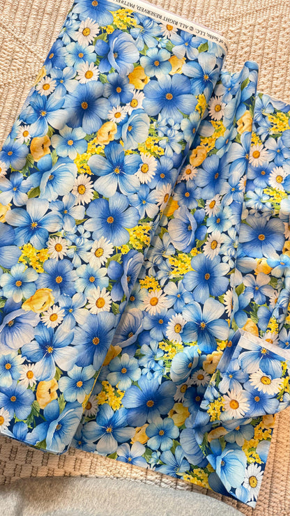 Tela de Algodón Floral Azul y Amarillo