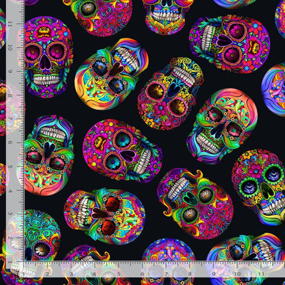 PREVENTA: Tela de Algodón Calaveras de Azúcar Negro