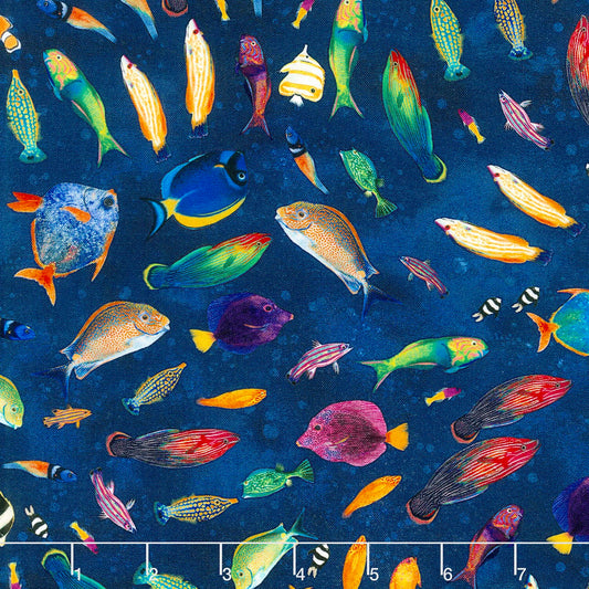 Tela de Algodón Banco de peces Azul profundo