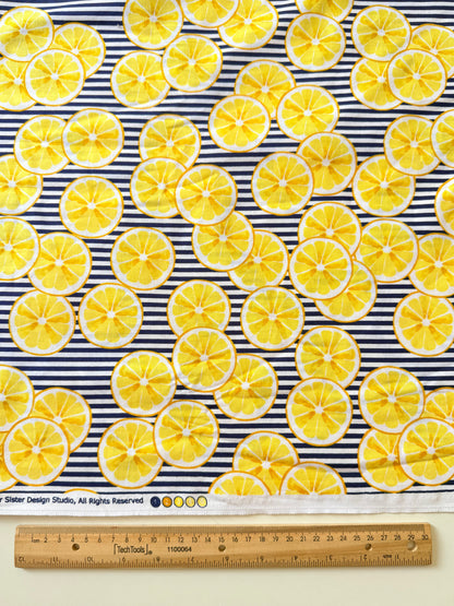 Tela de Algodón Limones Amarillos en Rayas Azul Marino