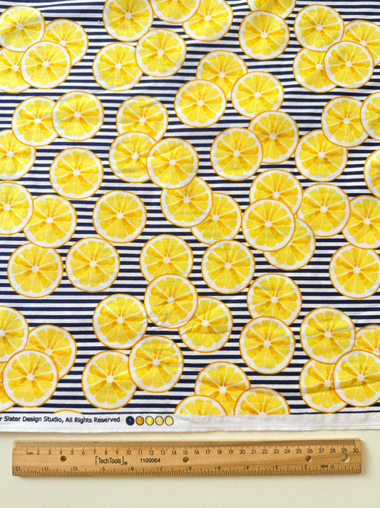 Tela de Algodón Limones Amarillos en Rayas Azul Marino